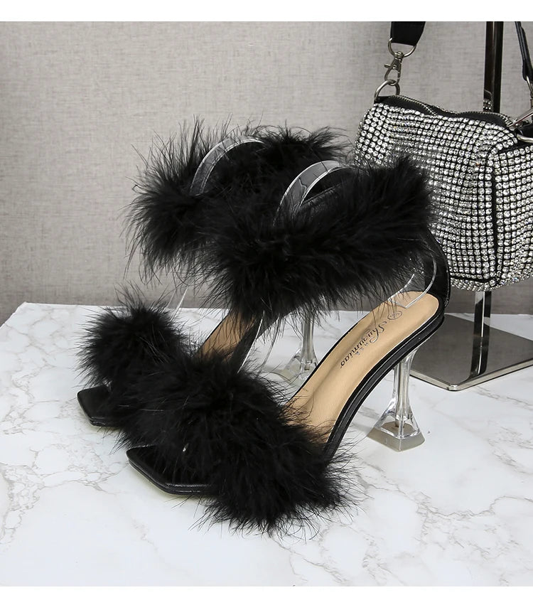 Feather Sandals Women Furry High Heels Ankle Plush Sandals Woman Transparent Heels With Fur Stripper Heeled Sandal Women Evening
