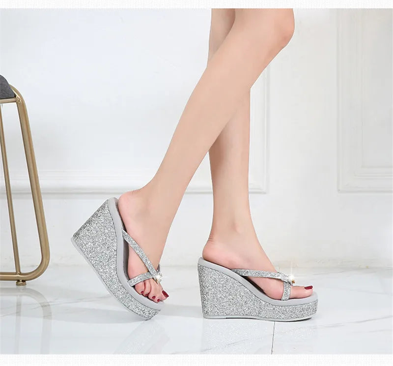 TIMETANGSummer platform women shoes beach sandals rhinestones sequins slope with flip flops breathable shiny wedges women
