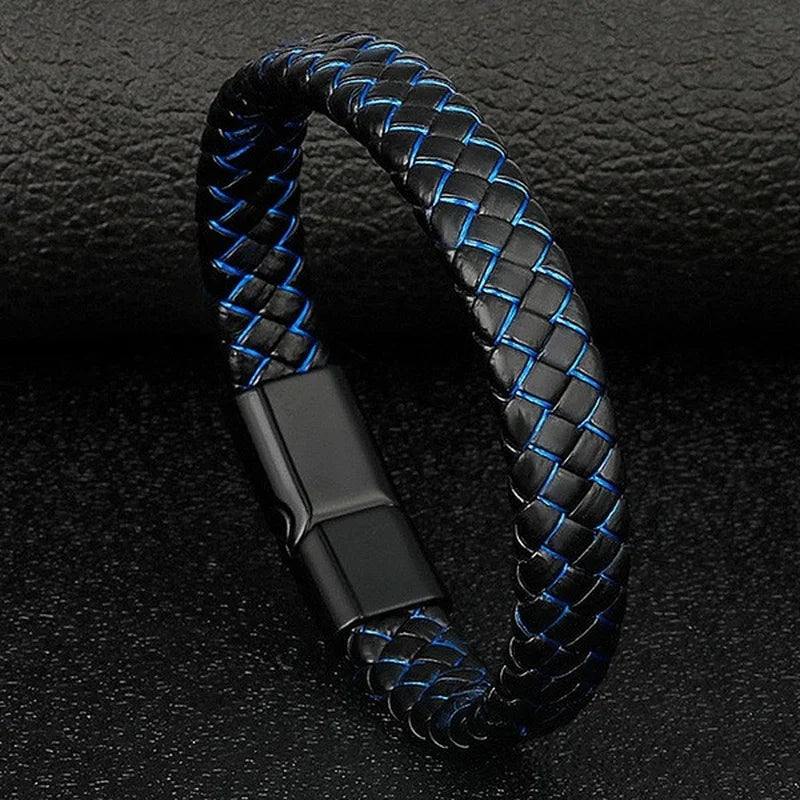Men Genuine Leather Bracelet Bangle Black Braided Bracelet Stainless Steel Magnetic Clasps Wrist Band Male Bracelet Accessories