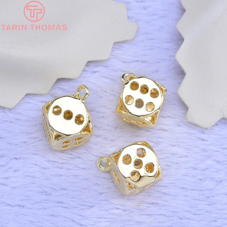 (1285)10PCS 11.5x15MM 24K Gold Color Plated Brass Dice Charms Pendants High Quality Diy Jewelry Accessories