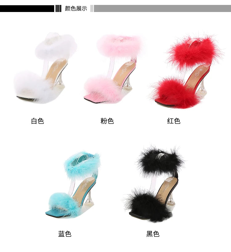 Feather Sandals Women Furry High Heels Ankle Plush Sandals Woman Transparent Heels With Fur Stripper Heeled Sandal Women Evening