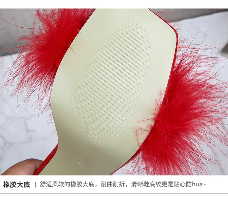 Feather Sandals Women Furry High Heels Ankle Plush Sandals Woman Transparent Heels With Fur Stripper Heeled Sandal Women Evening