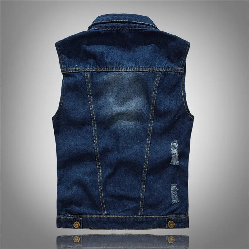 Hot New 2026 Size M-5XL Denim Vest Men's Jacket Sleeveless Casual Waistcoat Men's Jean Coat Ripped Slim Fit Male Jacket Cowboy