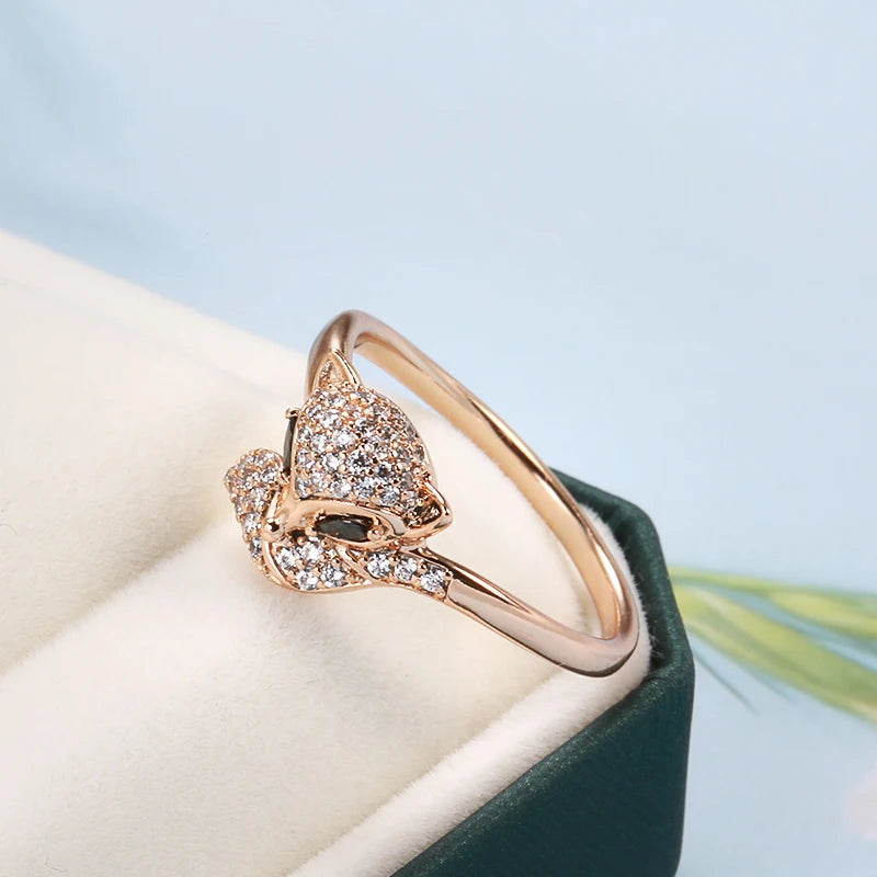 Kinel Hot Cute Fox Earrings Ring Sets for Women Fashion 585 Rose Gold Color Natural Zircon Accessories Animal Child Jewelry Sets