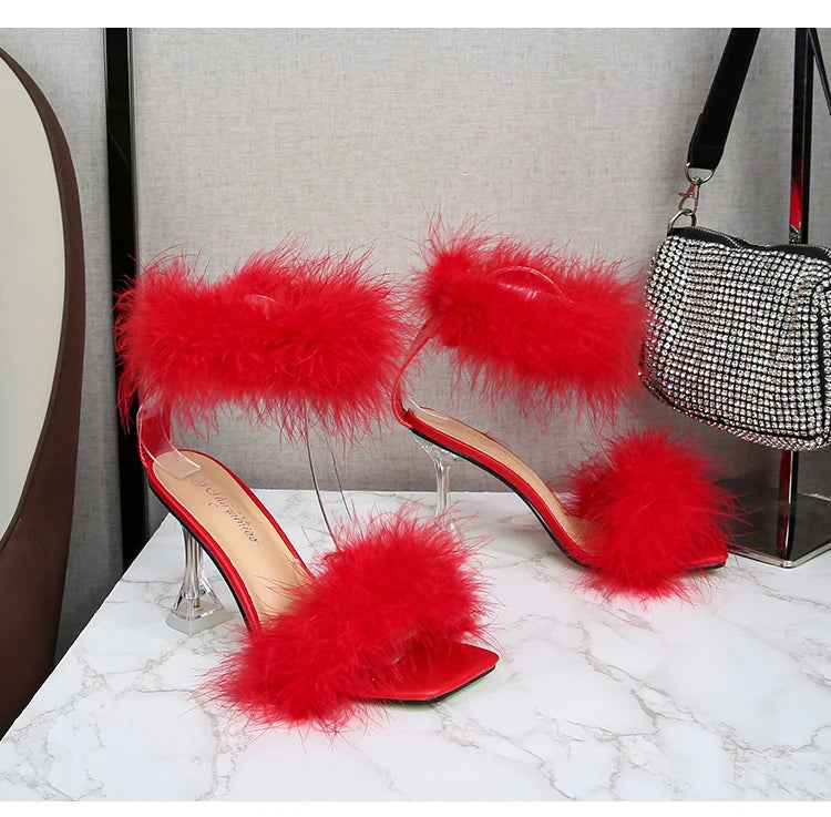 Feather Sandals Women Furry High Heels Ankle Plush Sandals Woman Transparent Heels With Fur Stripper Heeled Sandal Women Evening