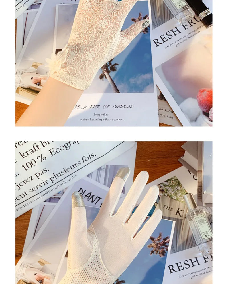 Damen Sommer Sexy Spitze Große Blume Dünnes Netz Atmungsaktiv Sonnenschutz Touchscreen Rutschfeste Fahrradhandschuhe Anti-UV Elegant