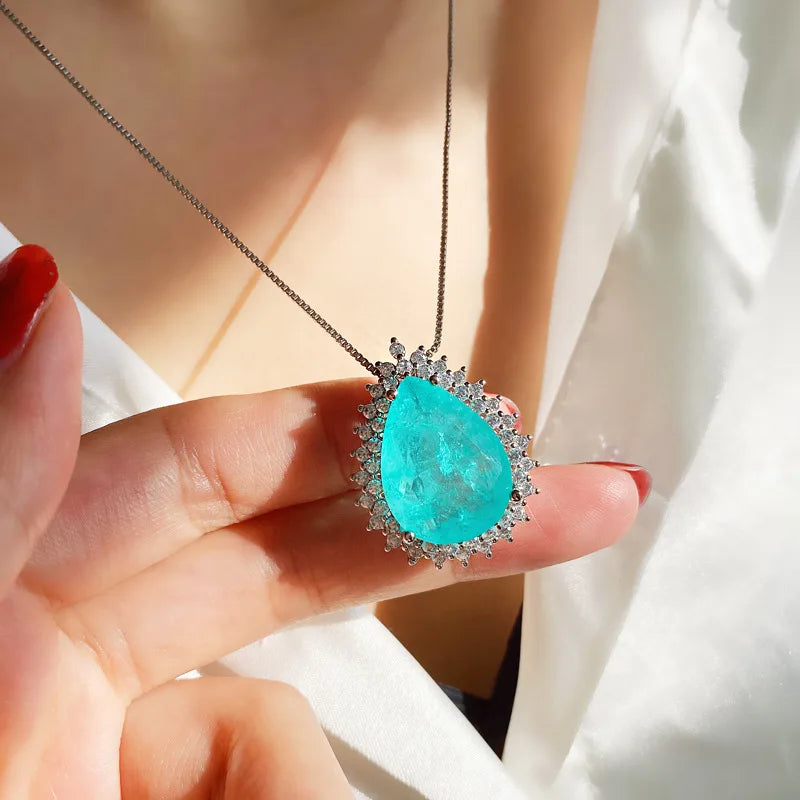Romantic Paraiba Tourmaline Emerald Stone Water Droplet Pendant Necklace Chains Fine Jewelry Gift Women Wedding Anniversary