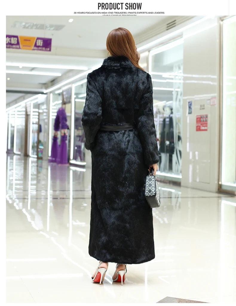 New Real genuine natural rabbit fur coat stand collar X-long fashion fur jacket outwear custom any size