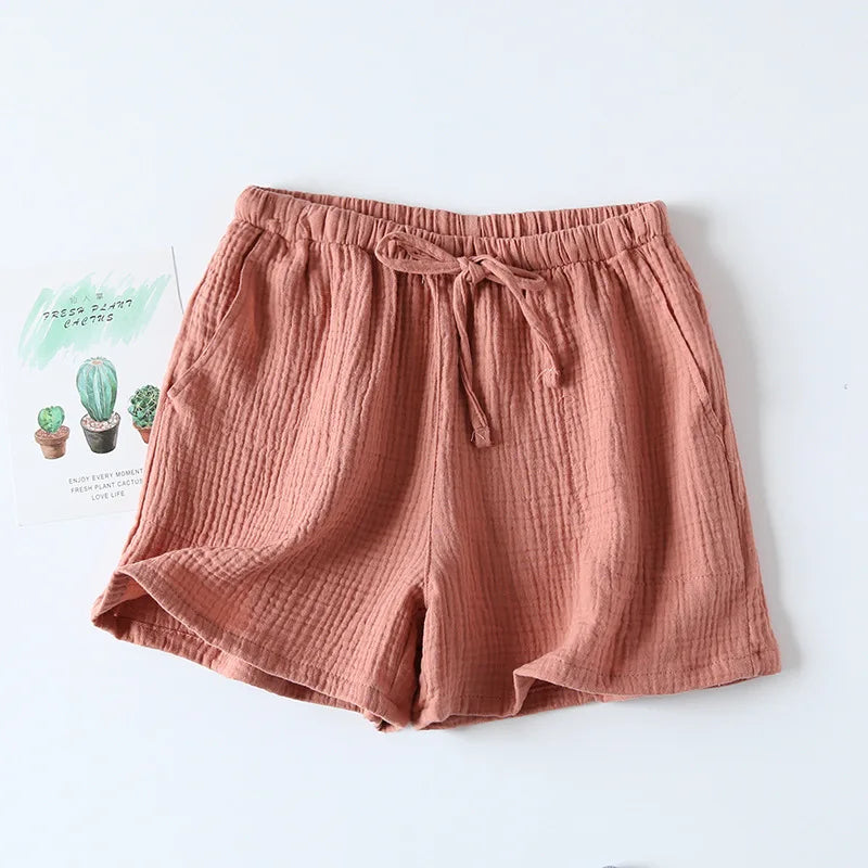 Women's Pajama Shorts 100% Cotton Double-Layer Gauze Sleep Bottoms Beach Shorts Plus Size Thin Lounge Loose Casual Home Pants
