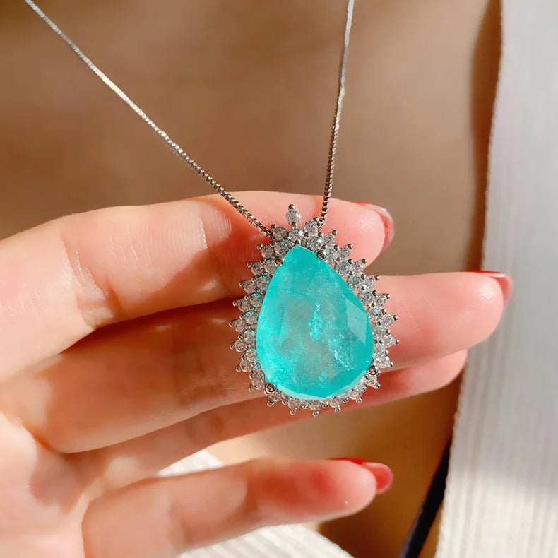 Romantic Paraiba Tourmaline Emerald Stone Water Droplet Pendant Necklace Chains Fine Jewelry Gift Women Wedding Anniversary