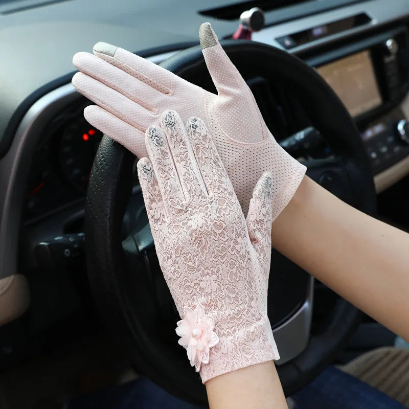 Damen Sommer Sexy Spitze Große Blume Dünnes Netz Atmungsaktiv Sonnenschutz Touchscreen Rutschfeste Fahrradhandschuhe Anti-UV Elegant