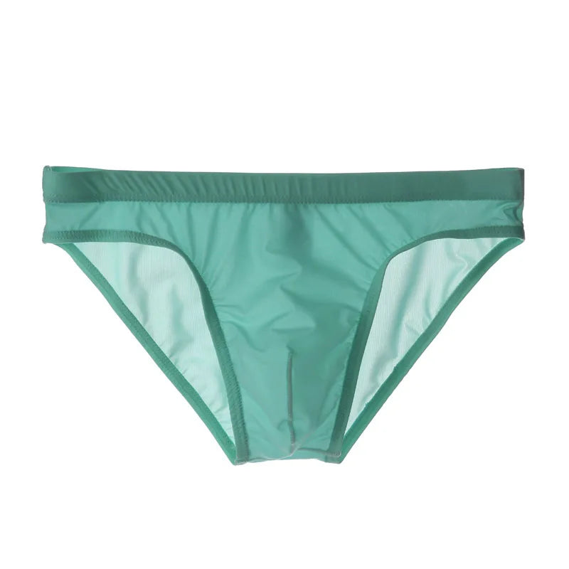 Men Underwear Ice Silk Solid Color Briefs Sexy Transparent Silky Quick Dry U Bulge Pouch Panties Mid Waist Male Underpants Cueca