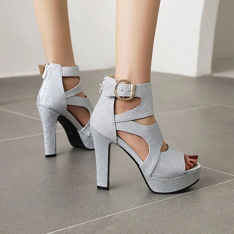 Sgesvier 2021 new thick high heels ladies shoes platform open toe woman sandals cross strap buckle silver glitter bling sandals