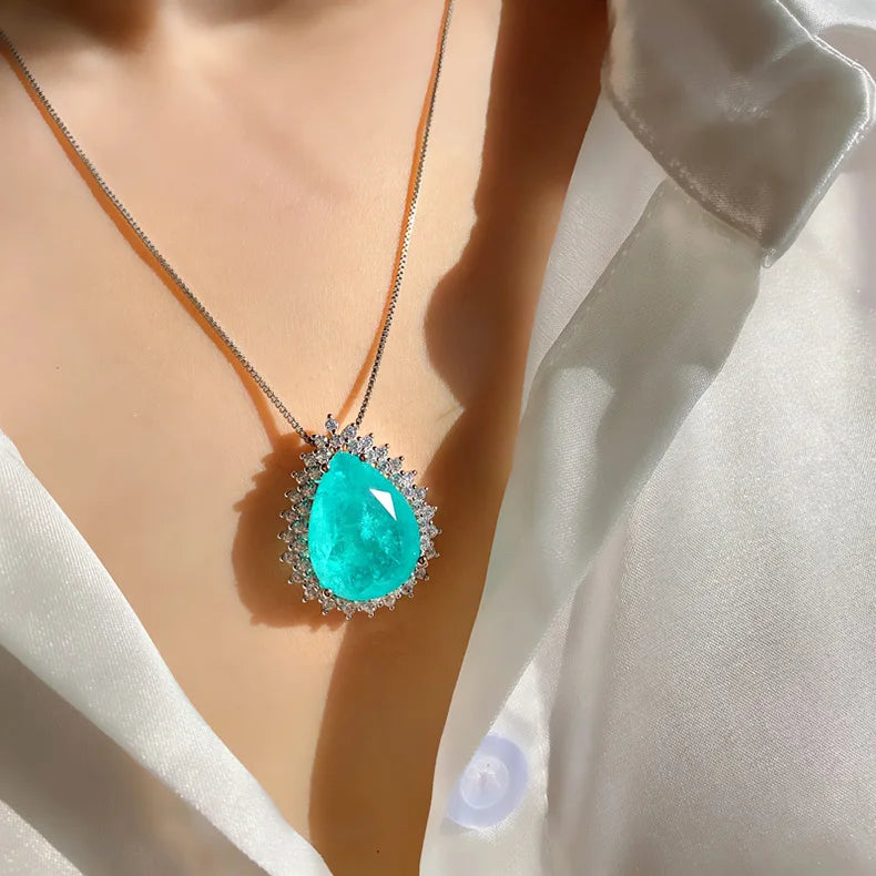 Romantic Paraiba Tourmaline Emerald Stone Water Droplet Pendant Necklace Chains Fine Jewelry Gift Women Wedding Anniversary