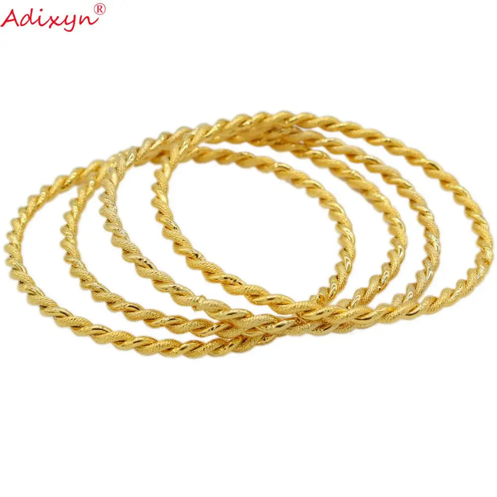 Adixyn 4pcs/lot Twisted Bangle Gold Color Dubai Bangle African Bracelet Arab Middle East Bridal Wedding Jewelry N071017