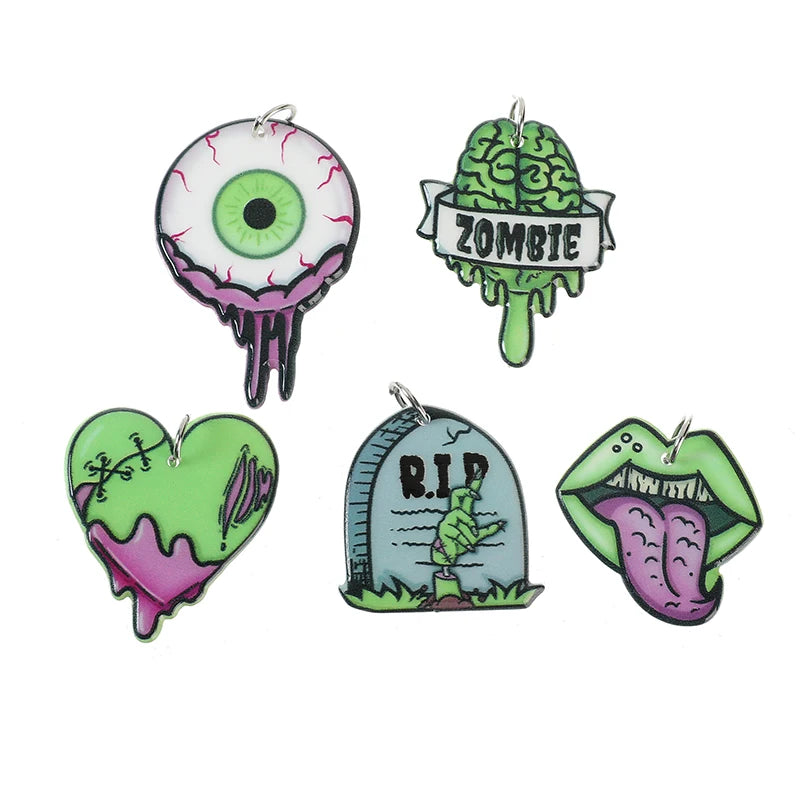 10 Piezas Halloween Dijes Cerebro de Zombie Corazón Boca Globo Ocular y Lápida de Acrílico Accesorios de Joyería para Bricolaje de Joyas