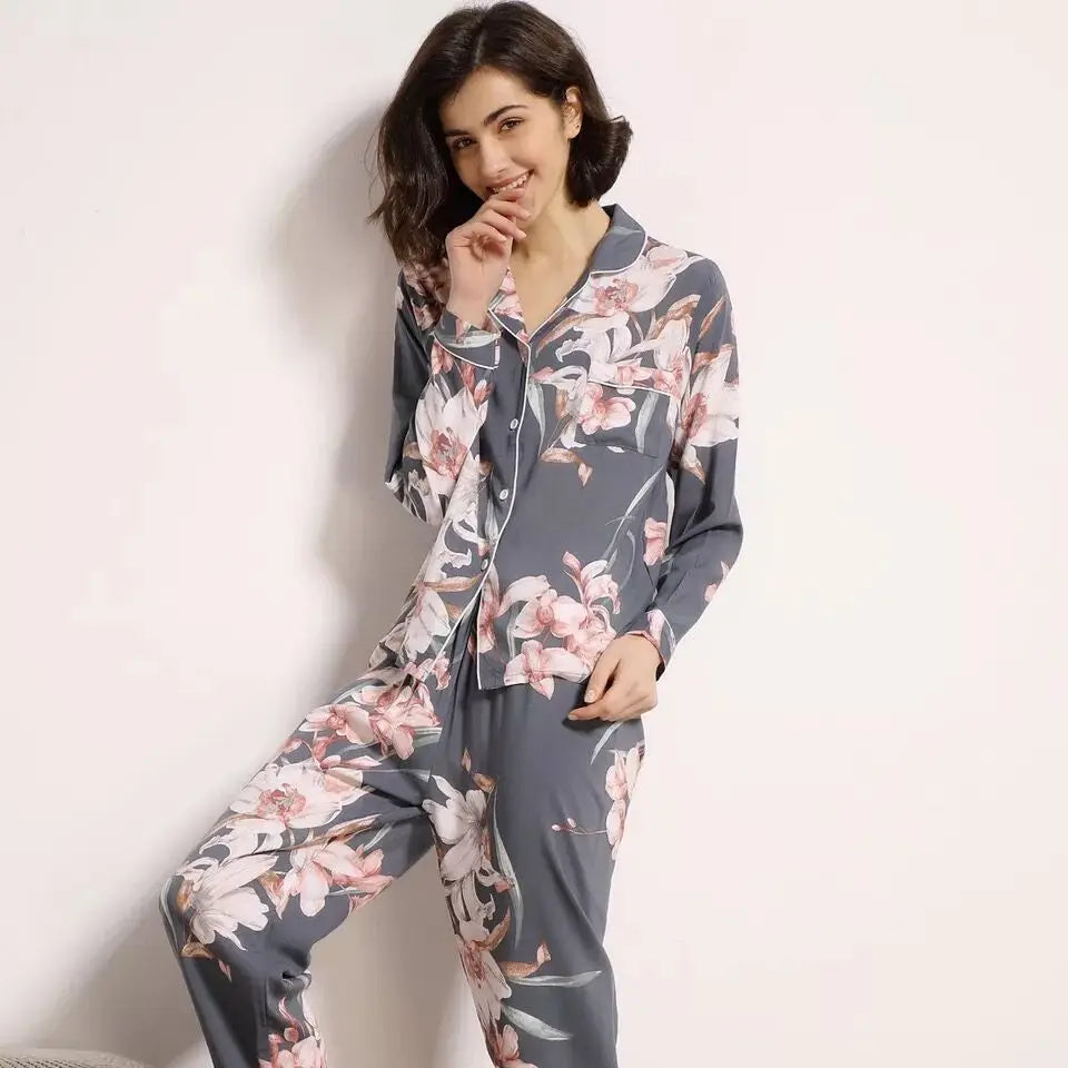 Starry Sky And Floral Printed Women Pajamas Set Comfort Viscose Full Sleeve Homewear Ladies Tender Casual Wear For Spring