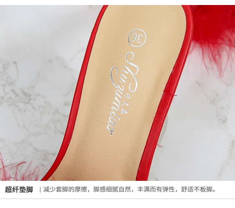 Feather Sandals Women Furry High Heels Ankle Plush Sandals Woman Transparent Heels With Fur Stripper Heeled Sandal Women Evening