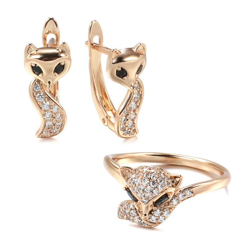 Kinel Hot Cute Fox Earrings Ring Sets for Women Fashion 585 Rose Gold Color Natural Zircon Accessories Animal Child Jewelry Sets