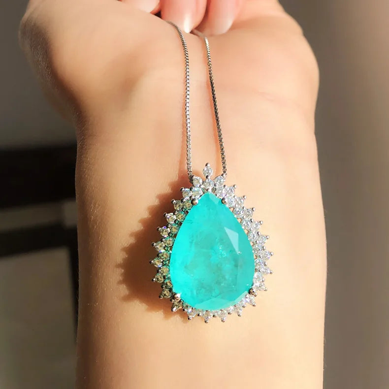 Romantic Paraiba Tourmaline Emerald Stone Water Droplet Pendant Necklace Chains Fine Jewelry Gift Women Wedding Anniversary