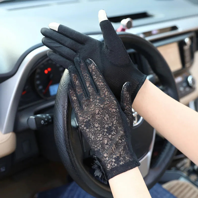 Damen Sommer Sexy Spitze Große Blume Dünnes Netz Atmungsaktiv Sonnenschutz Touchscreen Rutschfeste Fahrradhandschuhe Anti-UV Elegant