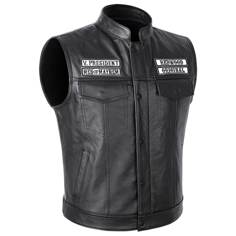 Sons of Anarchy Classical Motorcycle Biker Leather Vest Men Genuine Leather Sleeveless Jackets  REAL Cowhide Motorcade Vest 6XL