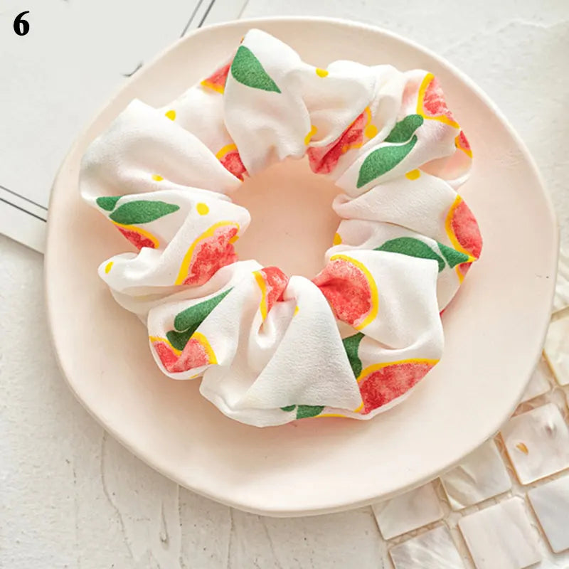 Summer Fruit Print Scrunchies Zitrone Grapefruit Birne Pfirsich bedruckter elastischer Haargummi Damen Mädchen Kopfbedeckung Haar-Accessoires