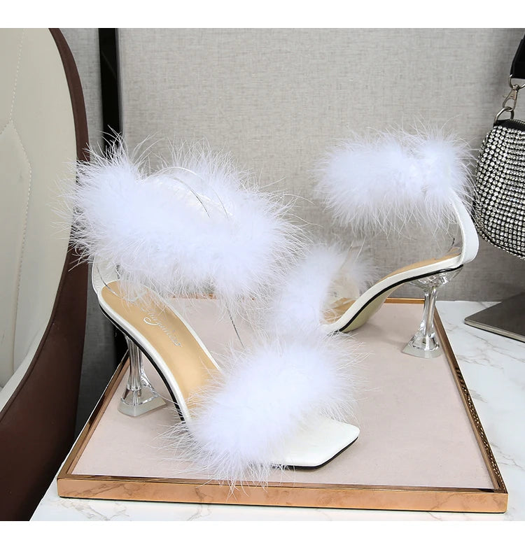 Feather Sandals Women Furry High Heels Ankle Plush Sandals Woman Transparent Heels With Fur Stripper Heeled Sandal Women Evening