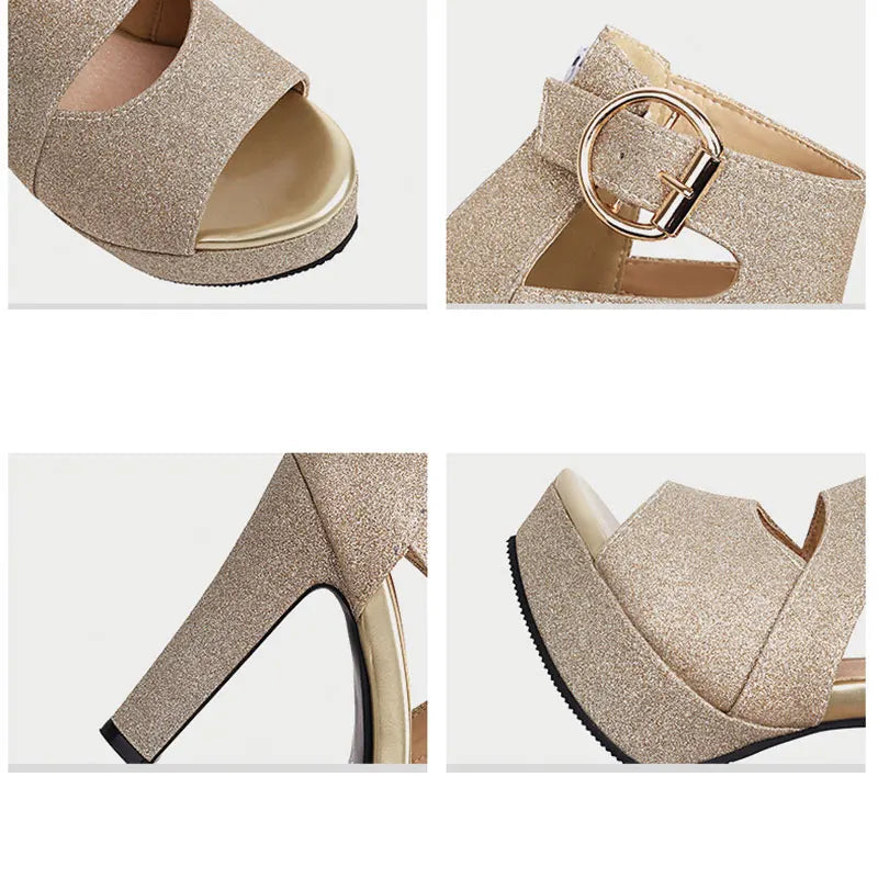 Sgesvier 2021 new thick high heels ladies shoes platform open toe woman sandals cross strap buckle silver glitter bling sandals