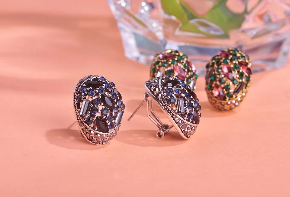 Blucome Vintage Stud Earrings For Women Girls French Hooks Max Brincos Ouro Joias Full Crystal Turkish Jewelry Retro Pendientes
