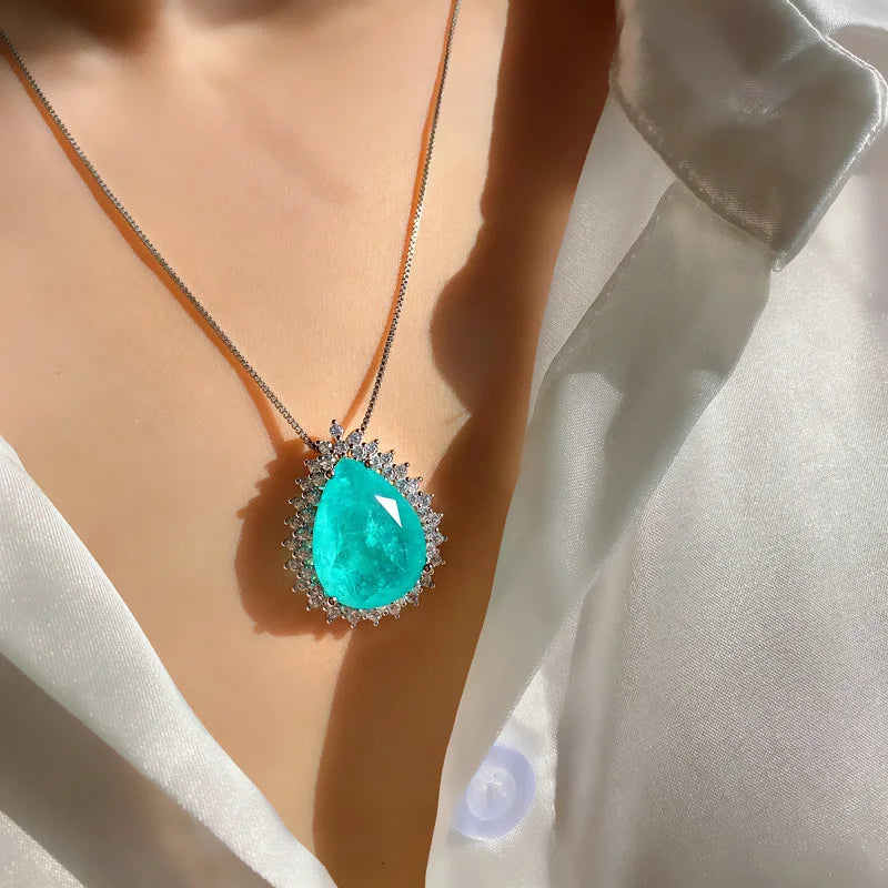 Romantic Paraiba Tourmaline Emerald Stone Water Droplet Pendant Necklace Chains Fine Jewelry Gift Women Wedding Anniversary