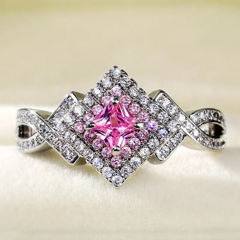 Huitan Unique Pink CZ Princess Cut Wedding Rings for Women 2021 New Trendy Jewelry Luxury Engagement Ring Best Gift Dropshipping