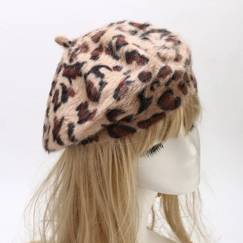 2020 Autumn Winter Leopard Print Warm Rabbit Fur Octagonal Hats for Women and Girl Berets Painter Hat Beanie Cap 11