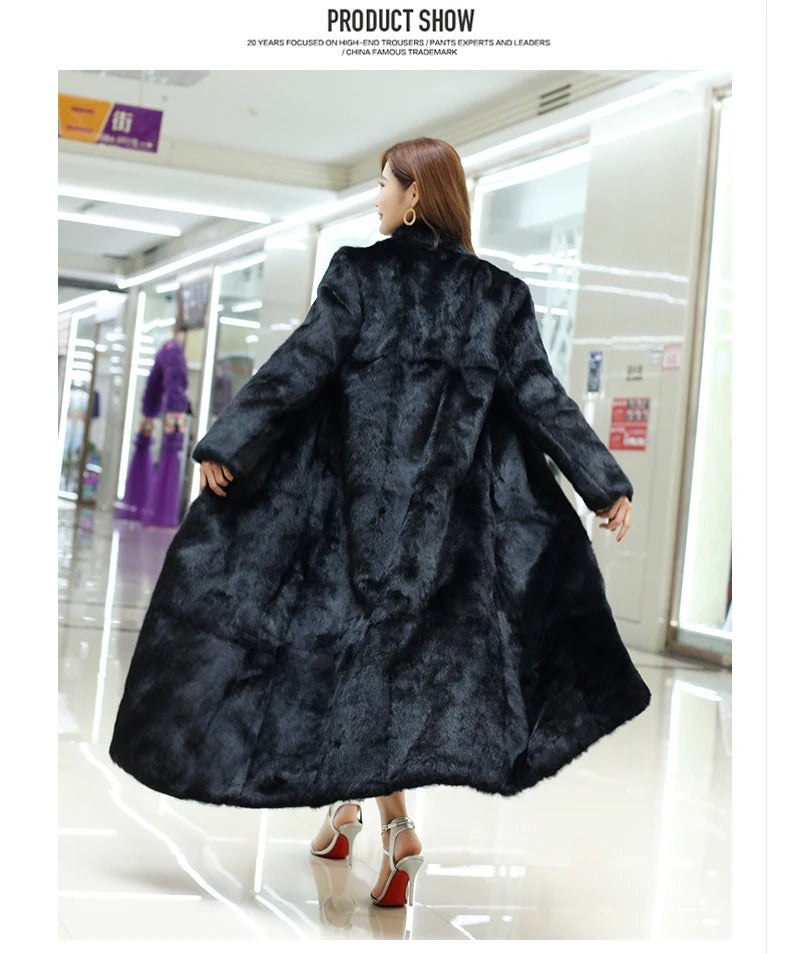 New Real genuine natural rabbit fur coat stand collar X-long fashion fur jacket outwear custom any size