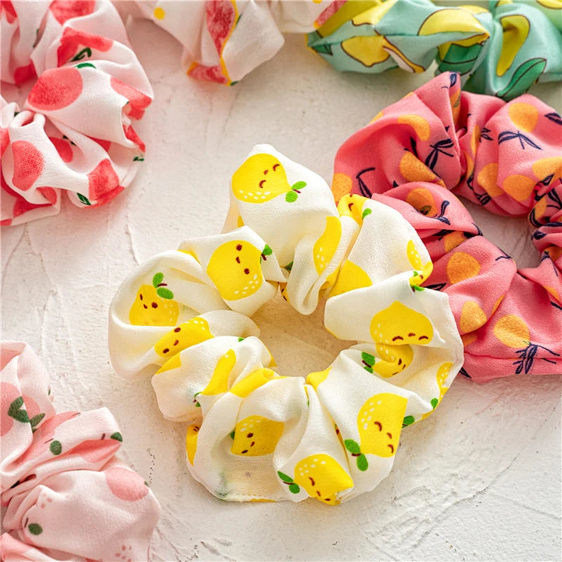 Summer Fruit Print Scrunchies Zitrone Grapefruit Birne Pfirsich bedruckter elastischer Haargummi Damen Mädchen Kopfbedeckung Haar-Accessoires