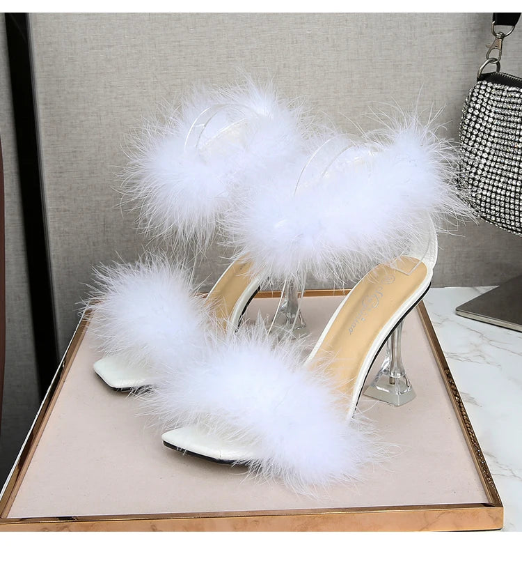 Feather Sandals Women Furry High Heels Ankle Plush Sandals Woman Transparent Heels With Fur Stripper Heeled Sandal Women Evening