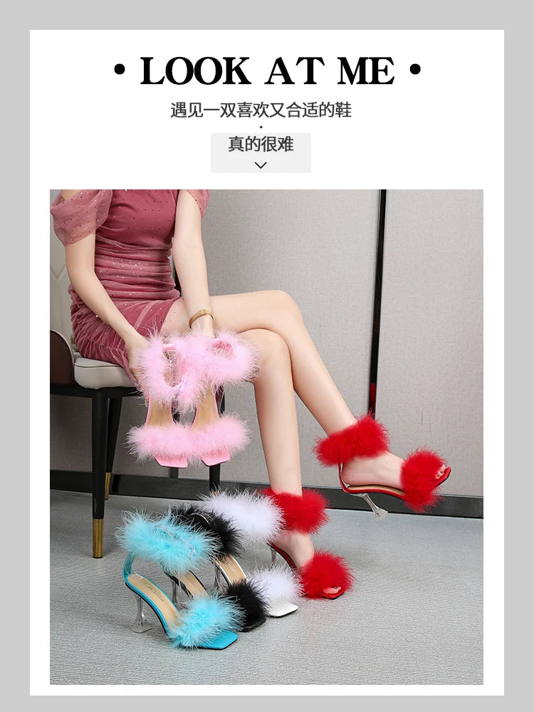 Feather Sandals Women Furry High Heels Ankle Plush Sandals Woman Transparent Heels With Fur Stripper Heeled Sandal Women Evening