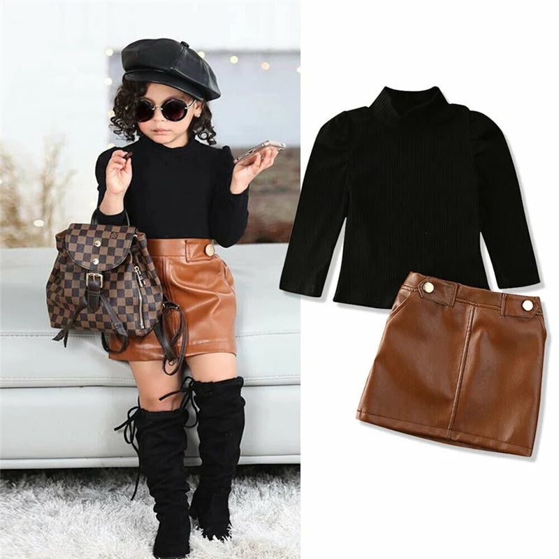 2020 Spring New Arrival Girls Fashion Clothes Set 2 Pieces Suit Sweater Tops+PU Leather skirt Kids Sets Girls Clothes