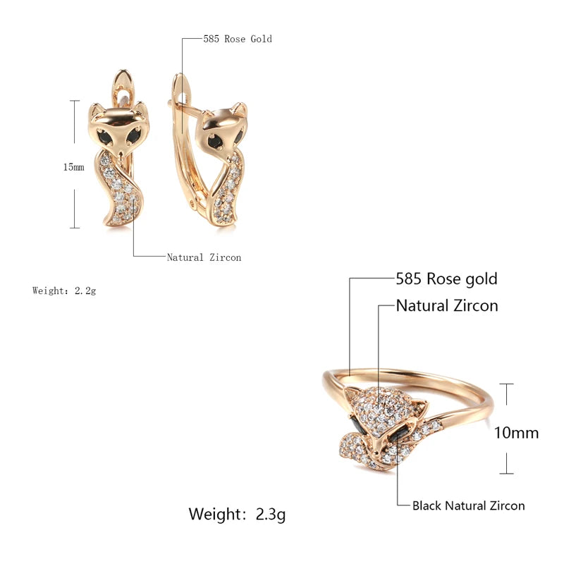 Kinel Hot Cute Fox Earrings Ring Sets for Women Fashion 585 Rose Gold Color Natural Zircon Accessories Animal Child Jewelry Sets