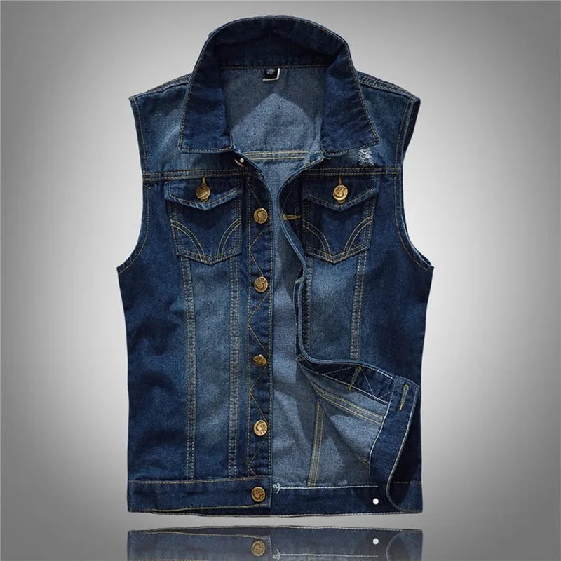 Hot New 2026 Size M-5XL Denim Vest Men's Jacket Sleeveless Casual Waistcoat Men's Jean Coat Ripped Slim Fit Male Jacket Cowboy