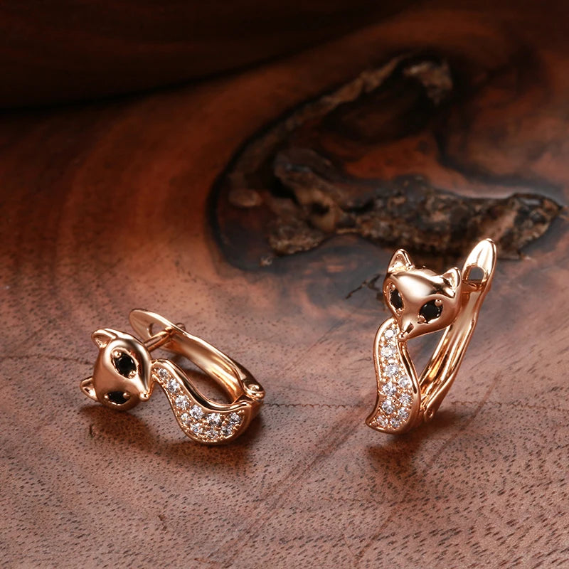Kinel Hot Cute Fox Earrings Ring Sets for Women Fashion 585 Rose Gold Color Natural Zircon Accessories Animal Child Jewelry Sets