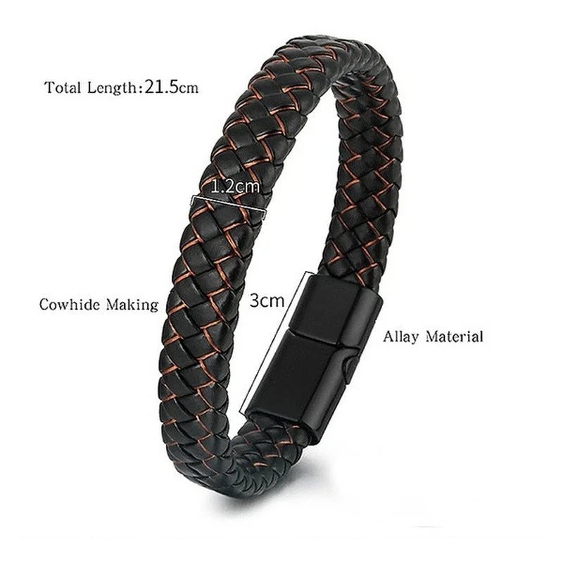 Men Genuine Leather Bracelet Bangle Black Braided Bracelet Stainless Steel Magnetic Clasps Wrist Band Male Bracelet Accessories