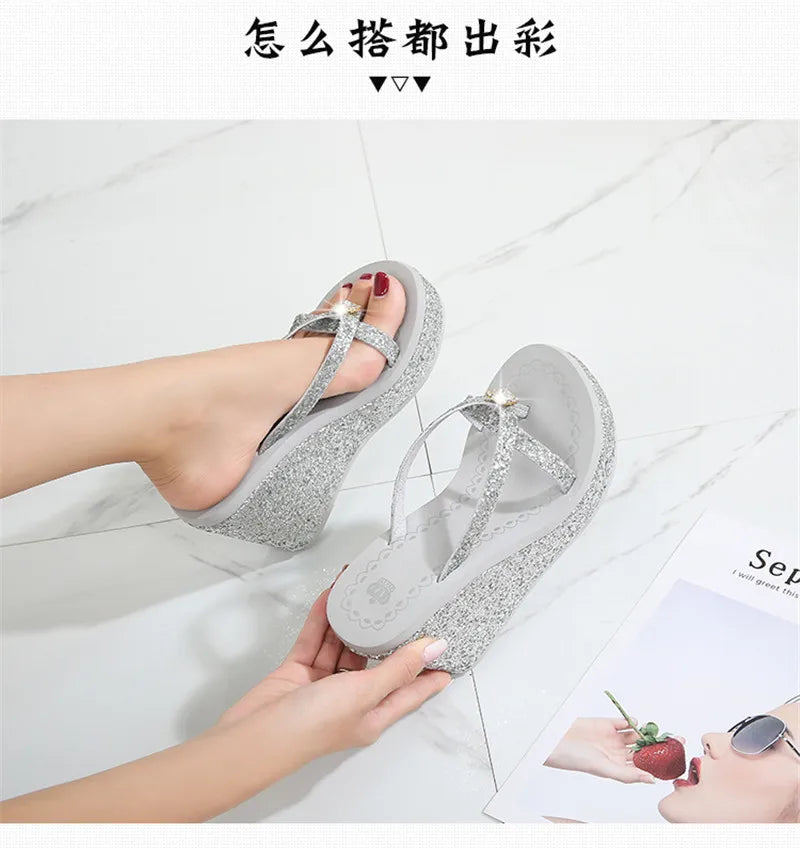 TIMETANGSummer platform women shoes beach sandals rhinestones sequins slope with flip flops breathable shiny wedges women