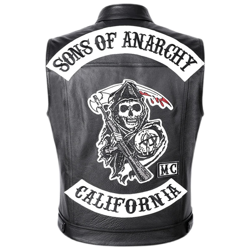 Sons of Anarchy Classical Motorcycle Biker Leather Vest Men Genuine Leather Sleeveless Jackets  REAL Cowhide Motorcade Vest 6XL