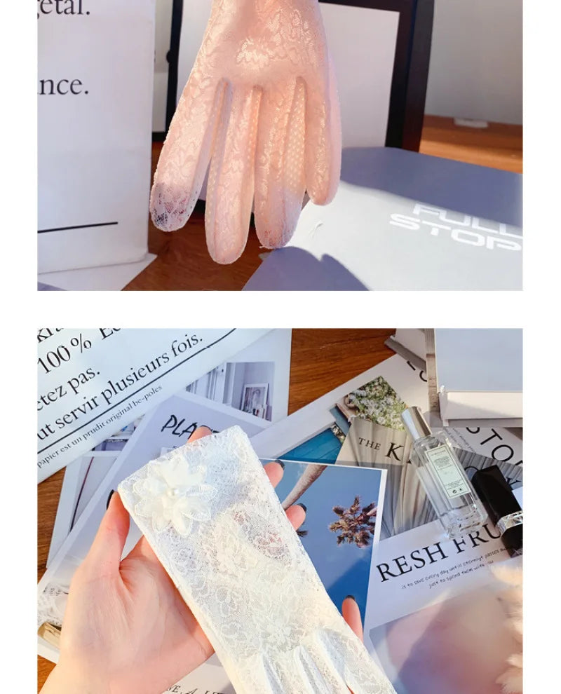 Damen Sommer Sexy Spitze Große Blume Dünnes Netz Atmungsaktiv Sonnenschutz Touchscreen Rutschfeste Fahrradhandschuhe Anti-UV Elegant