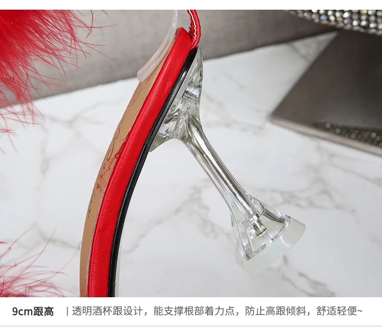 Feather Sandals Women Furry High Heels Ankle Plush Sandals Woman Transparent Heels With Fur Stripper Heeled Sandal Women Evening