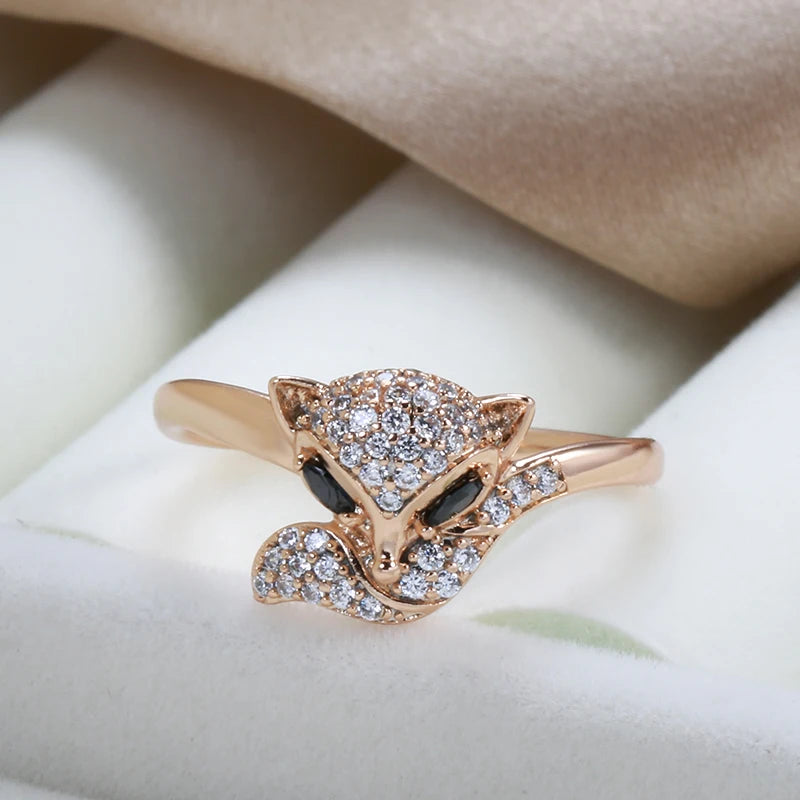 Kinel Hot Cute Fox Earrings Ring Sets for Women Fashion 585 Rose Gold Color Natural Zircon Accessories Animal Child Jewelry Sets
