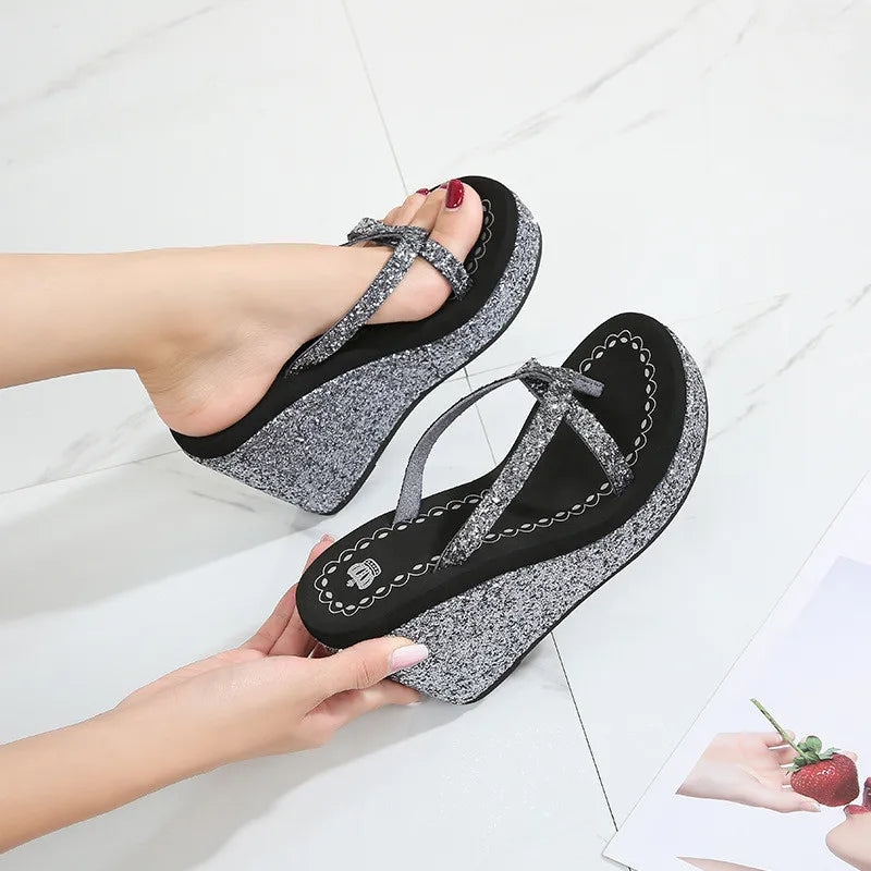 TIMETANGSummer platform women shoes beach sandals rhinestones sequins slope with flip flops breathable shiny wedges women
