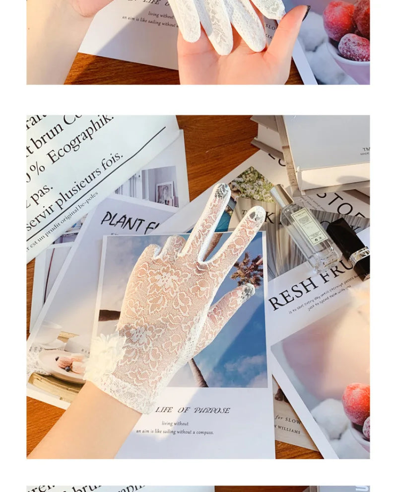 Damen Sommer Sexy Spitze Große Blume Dünnes Netz Atmungsaktiv Sonnenschutz Touchscreen Rutschfeste Fahrradhandschuhe Anti-UV Elegant