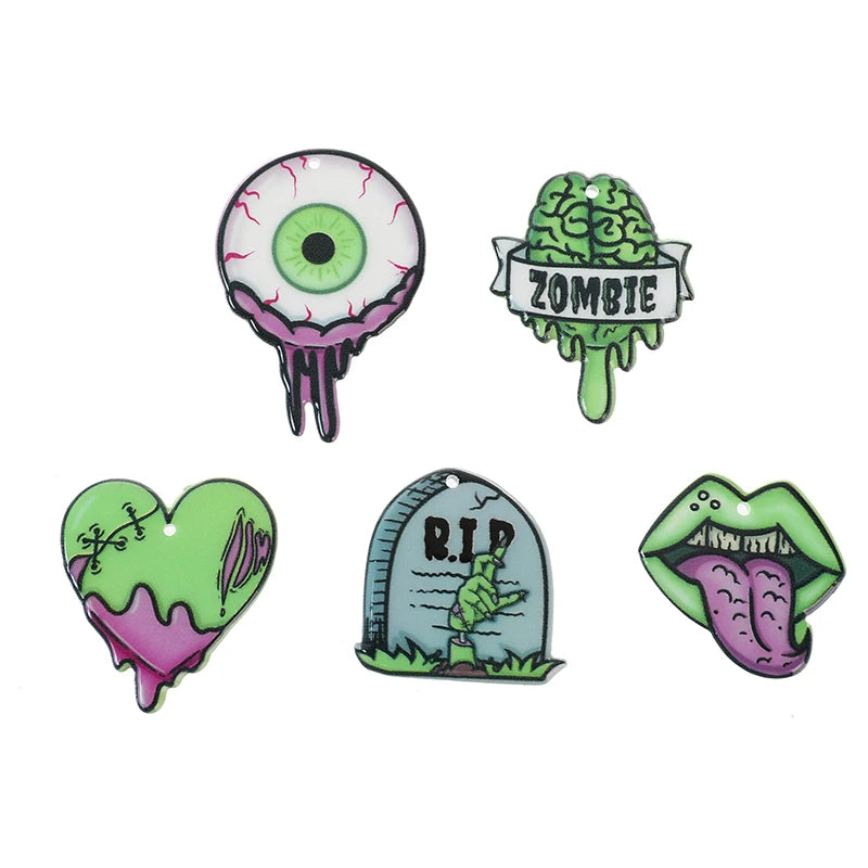 10 Piezas Halloween Dijes Cerebro de Zombie Corazón Boca Globo Ocular y Lápida de Acrílico Accesorios de Joyería para Bricolaje de Joyas